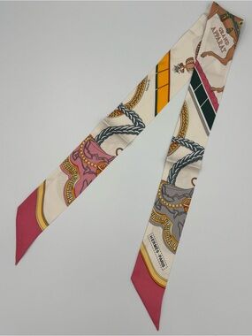Hermes Grand Apparat Twilly Scarf Rose Nacre Gold Anthracite Silk
